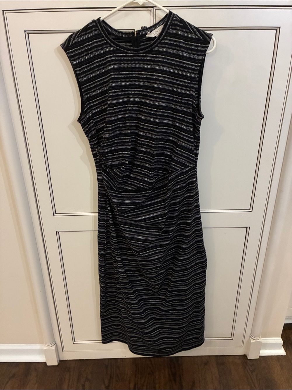 LOFT Black and Gray Striped Sleeveless Sheath Dress